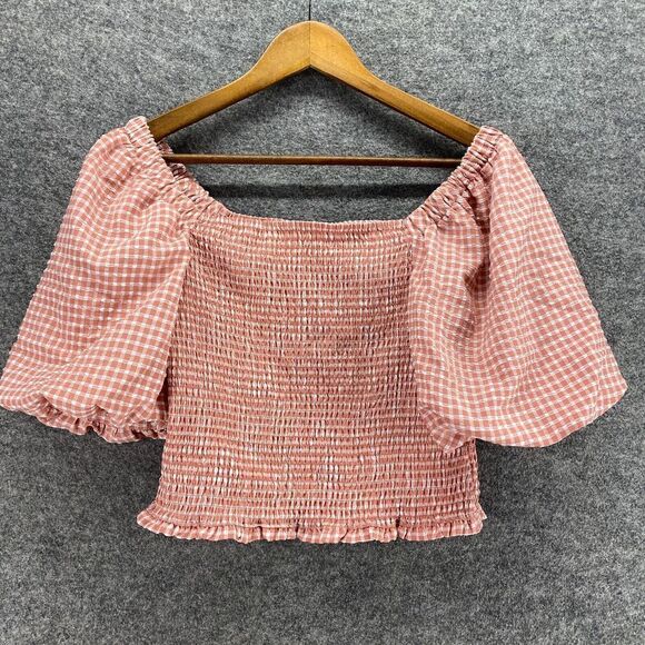 5/$45 BB Dakota Top Women M Medium Pink Plaid Square Neck 3/4 Sleeve Pullover - Picture 1 of 9